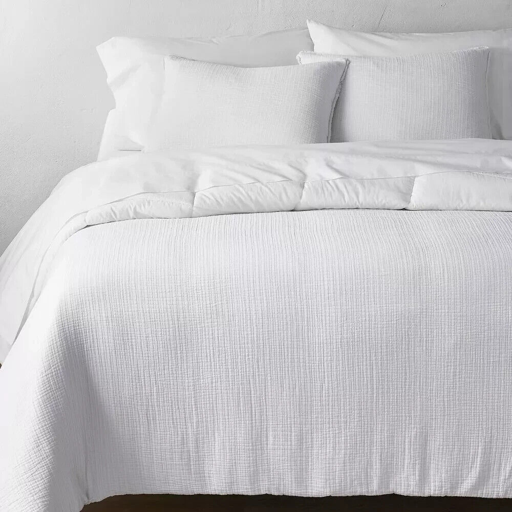 Casaluna Cotton Chambray Comforter Set Solid Year-Round, White, Full/Queen