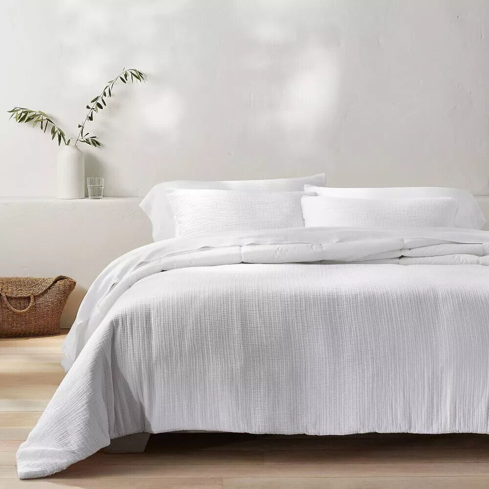 Casaluna Cotton Chambray Comforter Set Solid Year-Round, White, Full/Queen